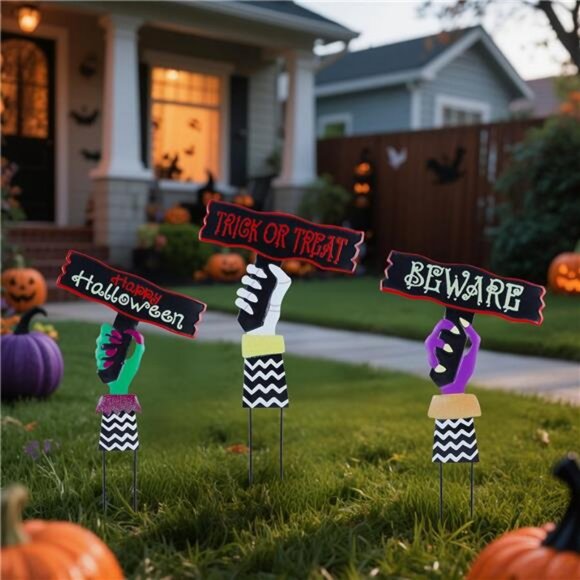 3 Pack Halloween Yard Stakes Outdoor Decorations – Scary Metal Hand Signs - Picture 3 of 7